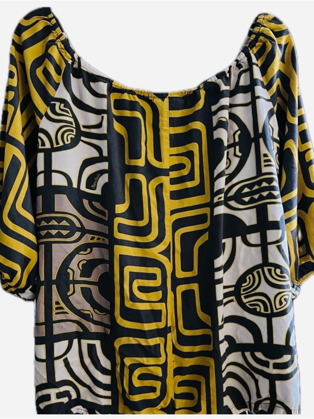 Manuhealii Black White and Mustard Yellow Geometric Off-Shoulder Blouse